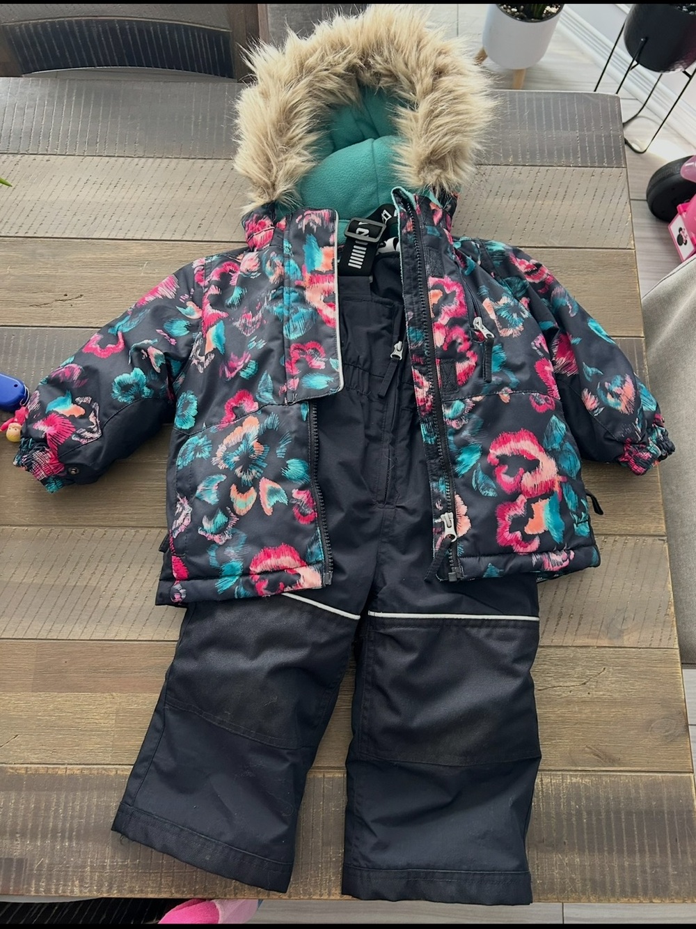 Girls' Floral Snow Jacket & Bib Pants Set - Teal Hood, Black Base nano 18 month